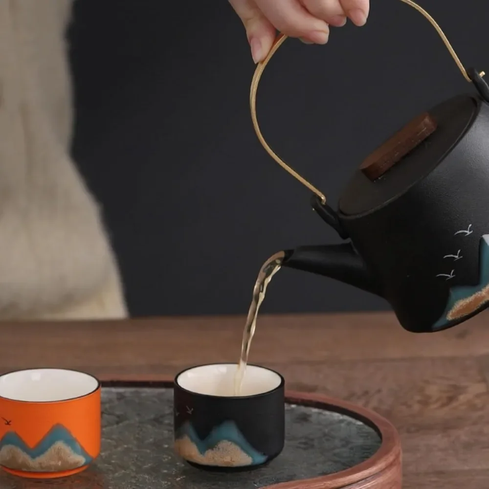 كوب شاي ماونتن فيو، طقم ساكي كوب صيني ياباني، طقم أكواب شاي أسود بنمط طيور ماونتن فيو (خمس قطع)، صغير الحجم #4