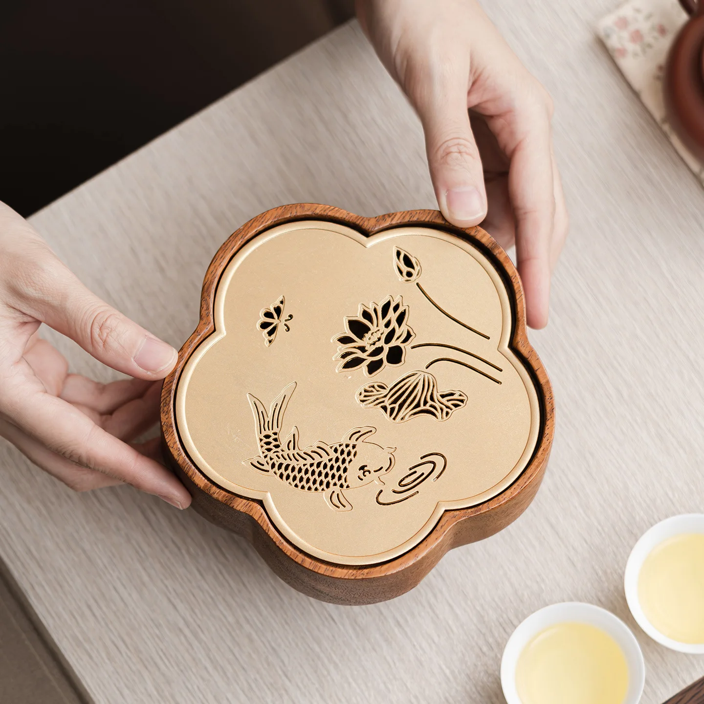 Wooden Lotus Fish Tea Tray Dry Brew Gongfu Tea Boat with Water Storage for Home Office Tea Ceremony Portable Travel Gift