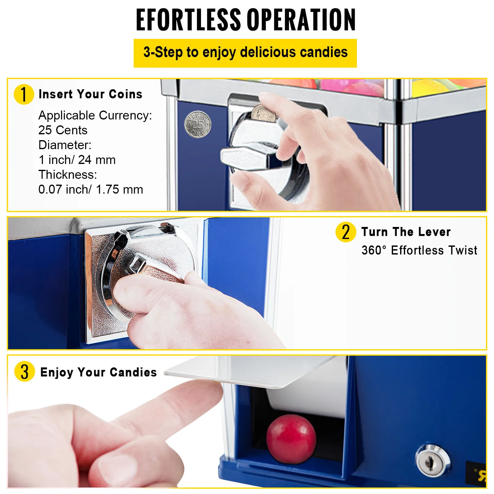 VEVOR 25 인치 캔디 검볼 머신, 거대한 적재 용량 검볼 뱅크, 25 센트 동전 캔디 자판기