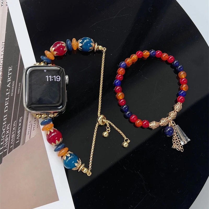 Colorful Beaded Bracelet Set for Apple Watch Band 45mm 41mm 44mm 40mm Luxury Crystal Strap for IWatch Series 9 8 7 6 SE 5 Correa