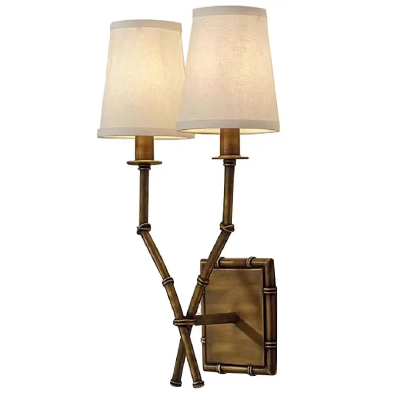 BHTS-Double Head Bamboo Linen Lampshade American Iron Wall Lamp Retro Style For Living Room Dining Room Bedroom Bedside Light