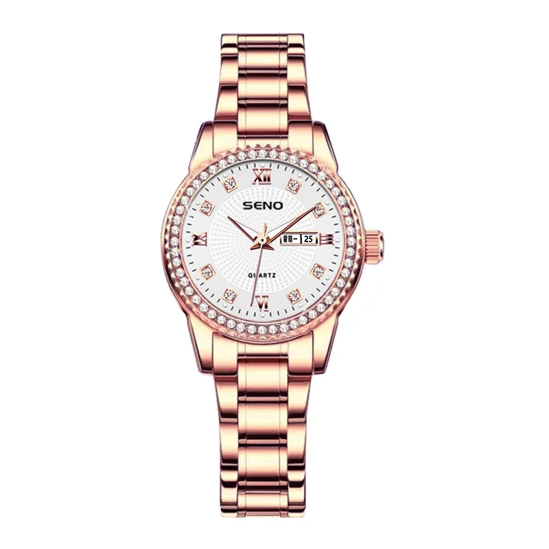 

Rose gold waterproof fashion couple watch with dual calendar quartz movement