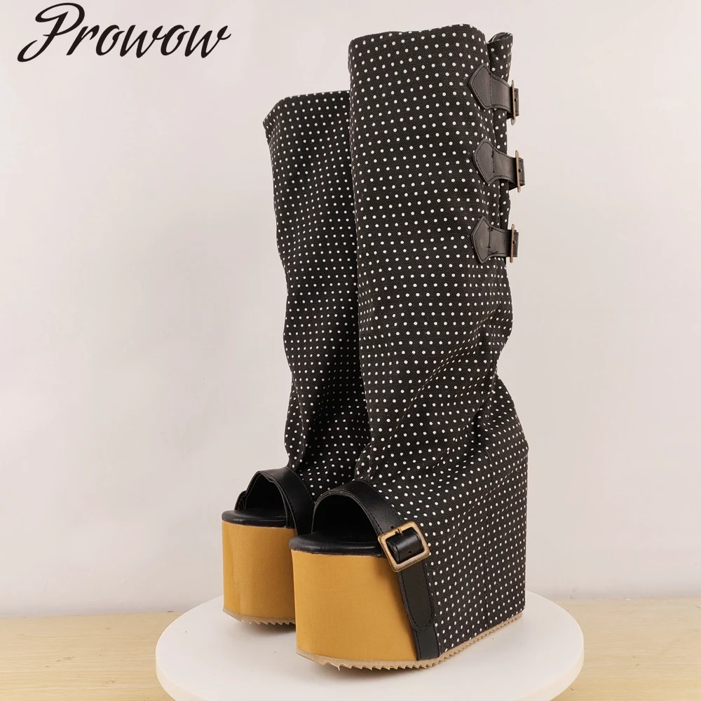 

Сапоги до колена на танкетке и платформе с волнистой пряжкой, женская обувь Zapatos Mujer