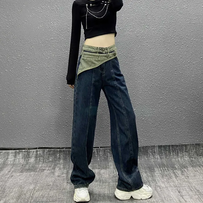 Design Sense Niche Splicing Jeans for Women 2024 Autumn Style Loose and Slimming Straight Tube Versatile Wide Leg Floor Pants