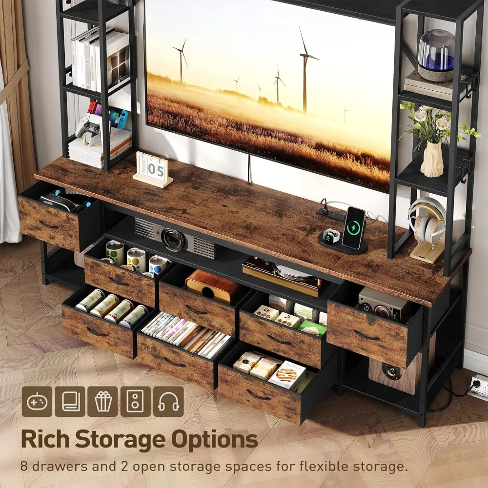 حامل تلفزيون مع منافذ طاقة حتى 65 بوصة، مركز ترفيه وحدة حائط كبيرة LED مع رف كتب، حامل تلفزيون خزانة مع 8 PU Dr