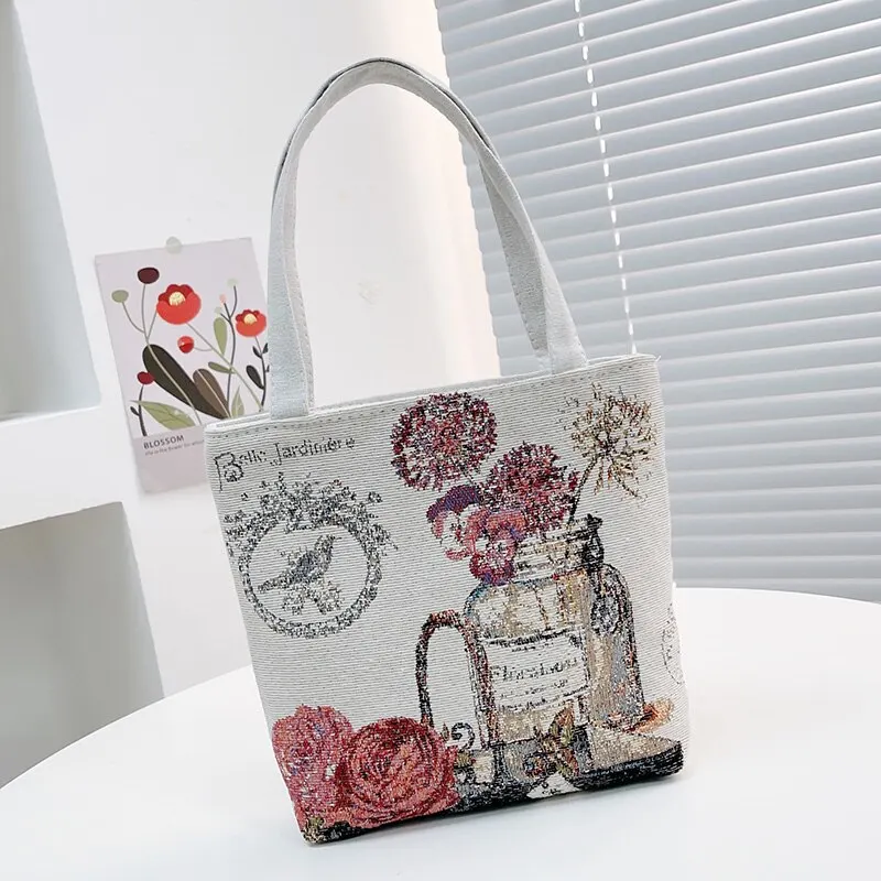 Handheld Bag Women New Retro Embroidered Crossbody Bag Nylon Knitted Casual Portable Handbag