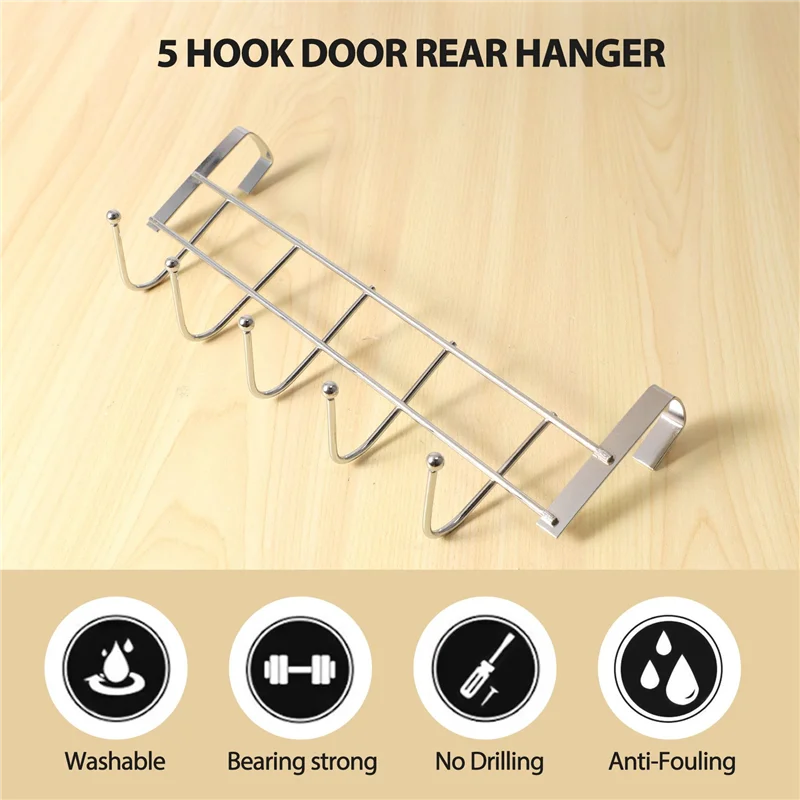 Over the Door 5 Hooks Home Bathroom Organizer Rack Clothes Coat Hat Towel Hanger Stainless Steel Good Load-Bearing