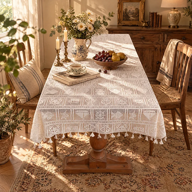 Vintage Lace Hollow Tablecloth, Crochet Round Table Cover for Coffee Table Nightstand Sofa Fridge, Pastoral Style Dust Cover Mat
