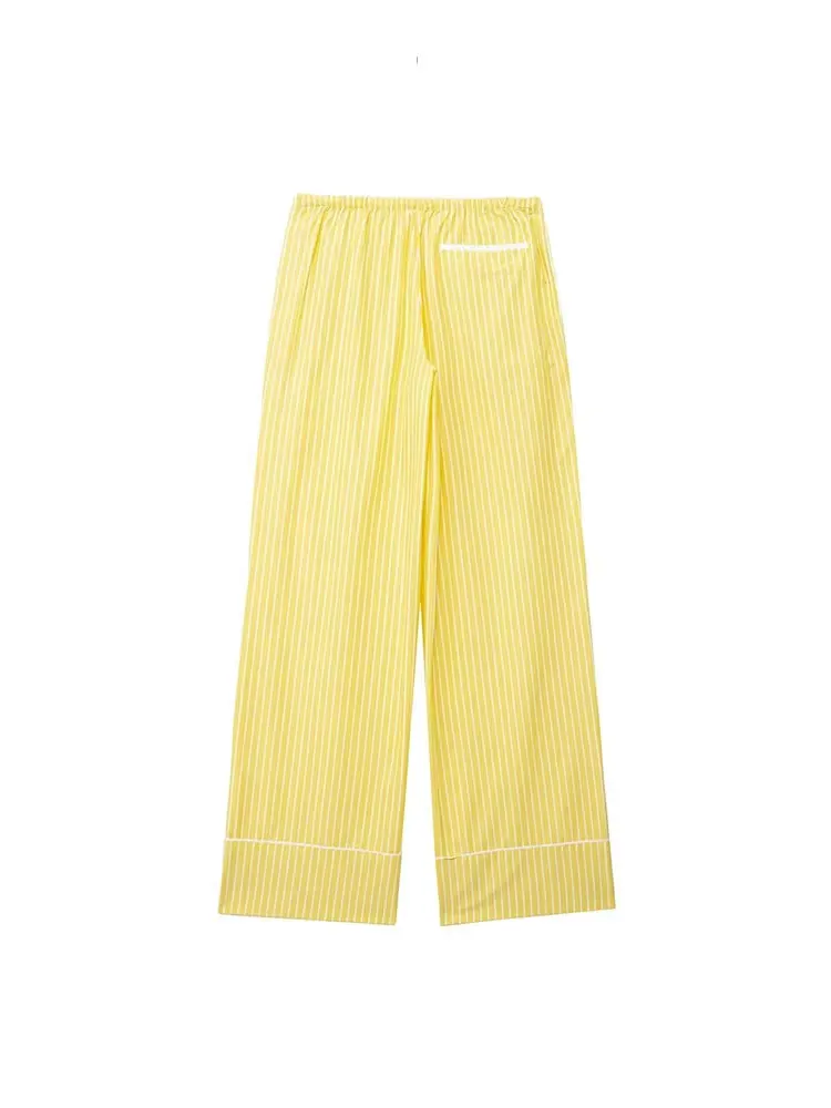 HH 2024 Stylish Summer Women\'s Yellow Striped Straight Long Pants Versatile High Waist Drawstring Cozy Loose Casual Trousers