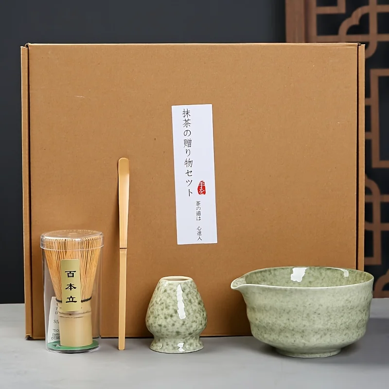 Ceramic Matcha Tea Ceremony Set Matcha Set - 4pcs Elegant Green Glaze Kit, Matcha Tea Set Complete,Matcha Tea Bowl Set,