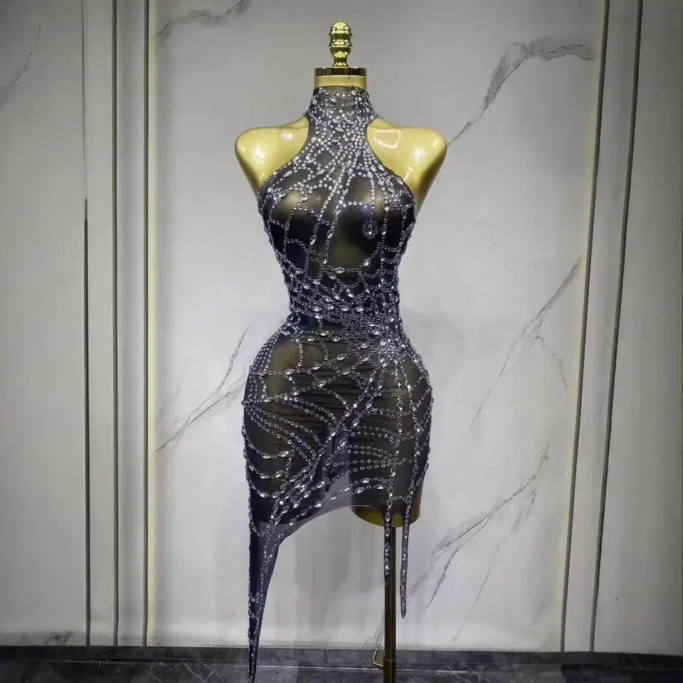

Women's Spider Rhinestones Mesh Asymmetric Bodycon Dress Evening Party Dress Nightbar DJ Gogo Stage Costumes