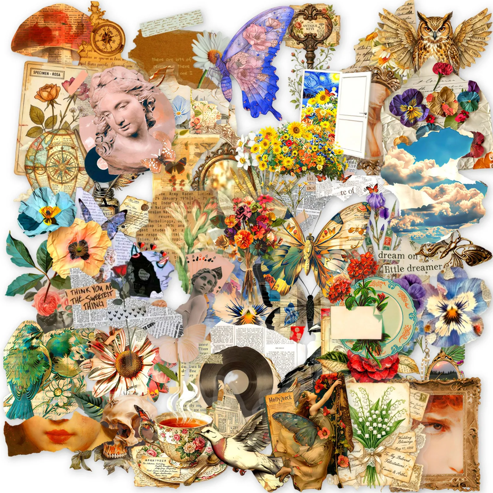 50Pcs Vintage Paper Tip Flower Language Butterfly Transparent PET Stickers Scrapbook Journal Diary Decorative Sticker Decals