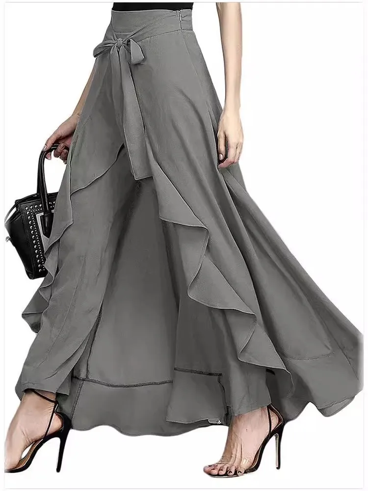 

Women's Long Pants 2025 Spring Autumn Causal Ruffle Drawstring Trouser Elegant High Waist Irregular Loose Female Pant Skirt