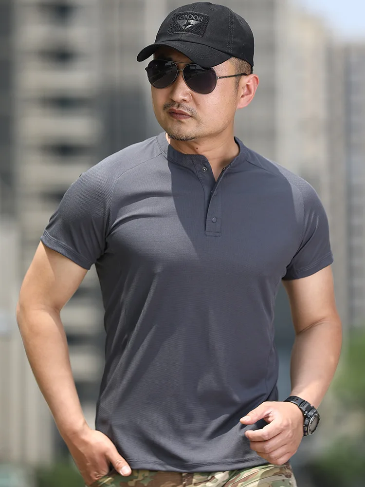 

Мужская спортивная футболка с воротником Генри для альпинизма и фитнеса с короткими рукавами, тактическая летняя быстросохнущая одежда Tom, уличная футболка