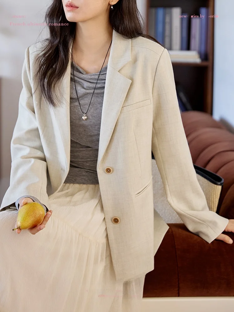 

Moriirose Beige Two-Button Mixed Color Suit Jaet Women's Autumn Vintage Loose Personali Top Commute Sle Polyester Long ...