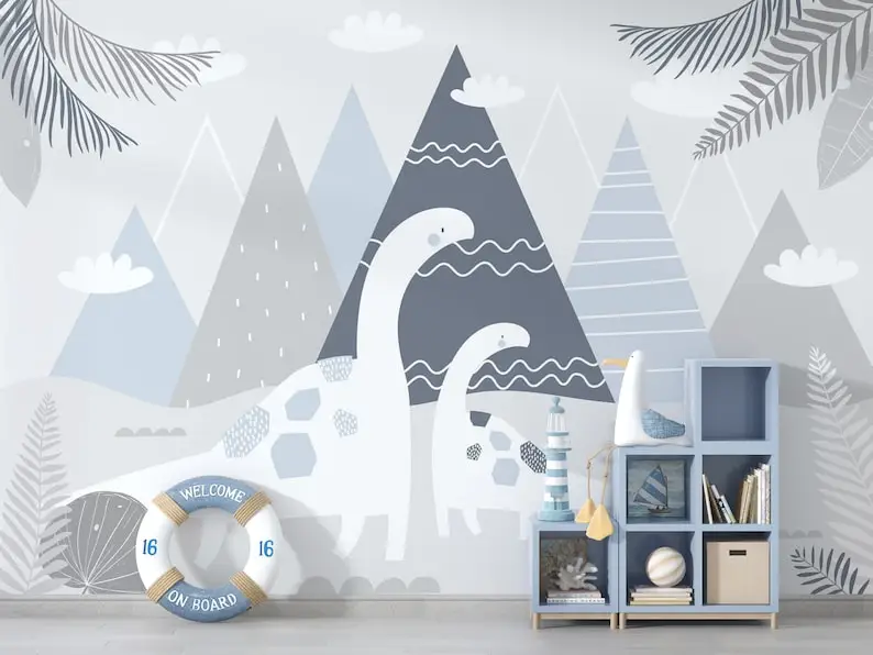 Mountain and Cute Dinosaurs Wall Decor, Boys Child Room Wallpaper, Dinosaurs Wallpaper, Mountains Customizable Wall Mural, Kids