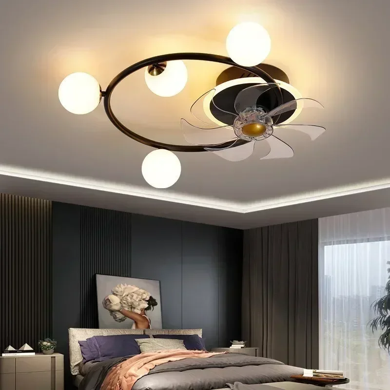 Nordic Ceiling Fan Lights LED Glass Ball Bedroom Living Room Study Bedroom Shaking Frequency Conversion Integrated Hanging Lamps