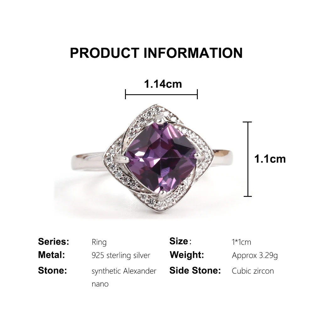 خاتم من الفضة الإسترليني عيار 925 مربع 8.0 ملم تغيير لون ألكسندر نانو مجوهرات راقية لهدية عيد ميلاد الذكرى السنوية للنساء