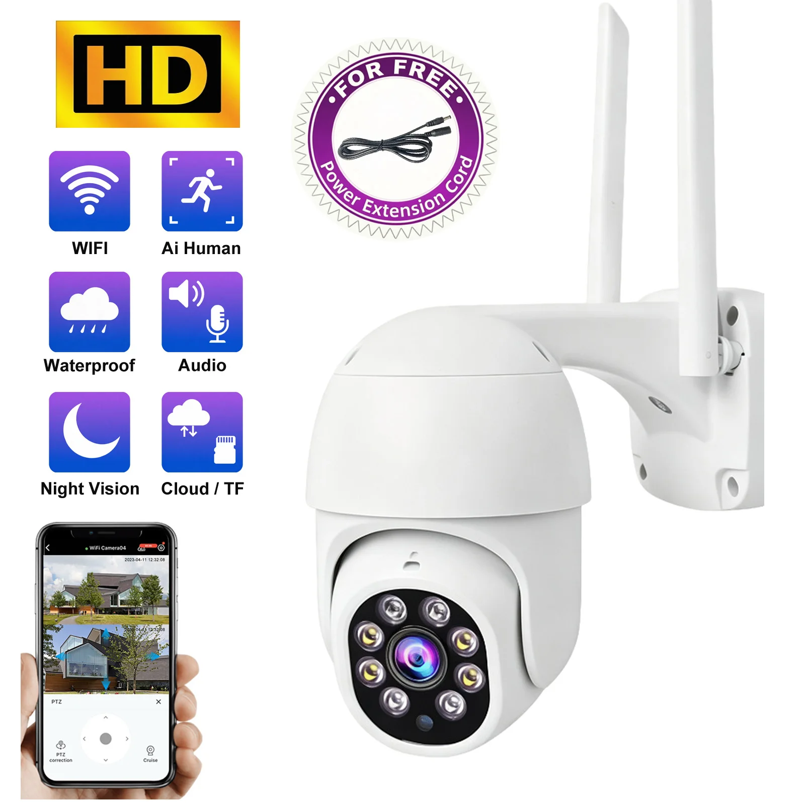True HD 5MP Outdoor Wireless Waterproof PTZ Surveillance IP Camera Panoramic Night Vision Mobile Phone Remote Wifi Camera