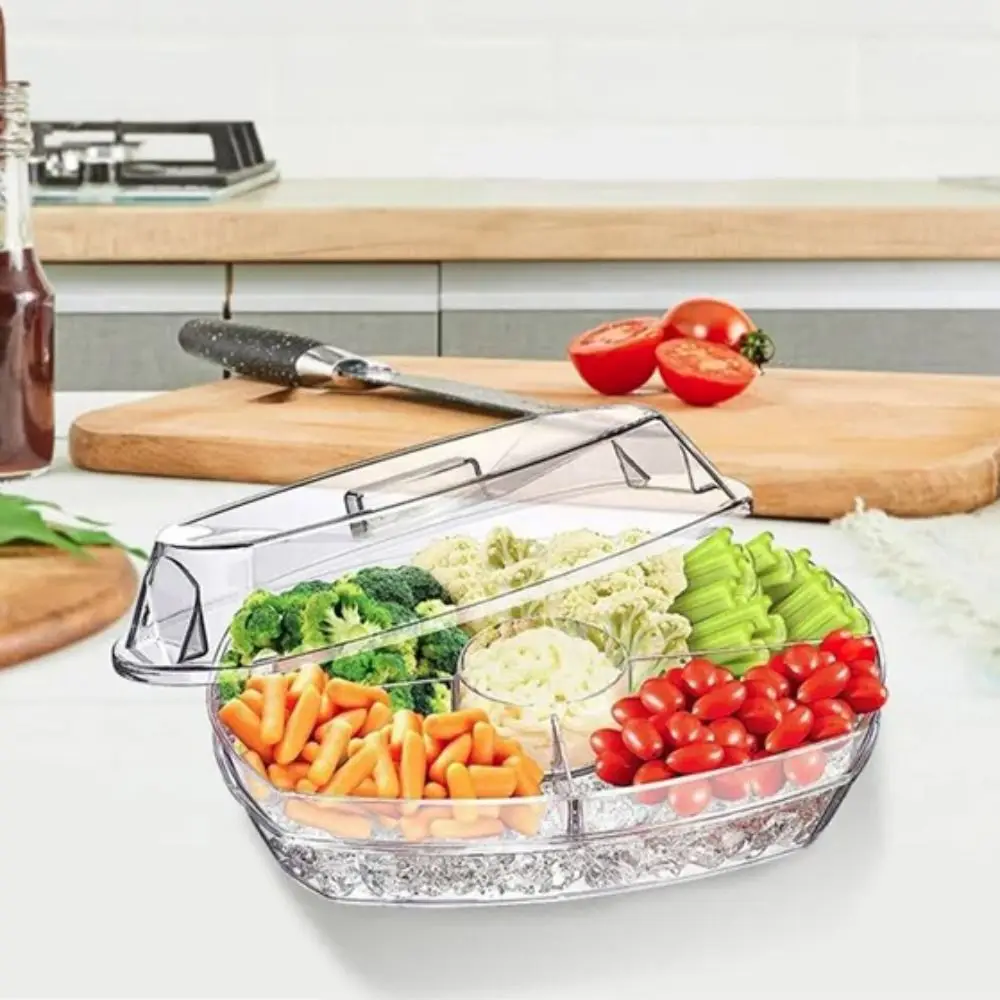 

Practical Plastic Chilled Fruit Tray Transparent Large Capacity Chilled Food Bowl with Lid 5 Compartments Appetizer Tray Sushi