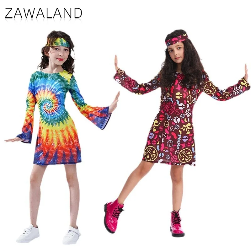 

Hippie Tie-dye Printed Cosplay Dress Colorful Retro Long Sleeve Dresses Female Stage Performance Wear Party Outfit with Headwear