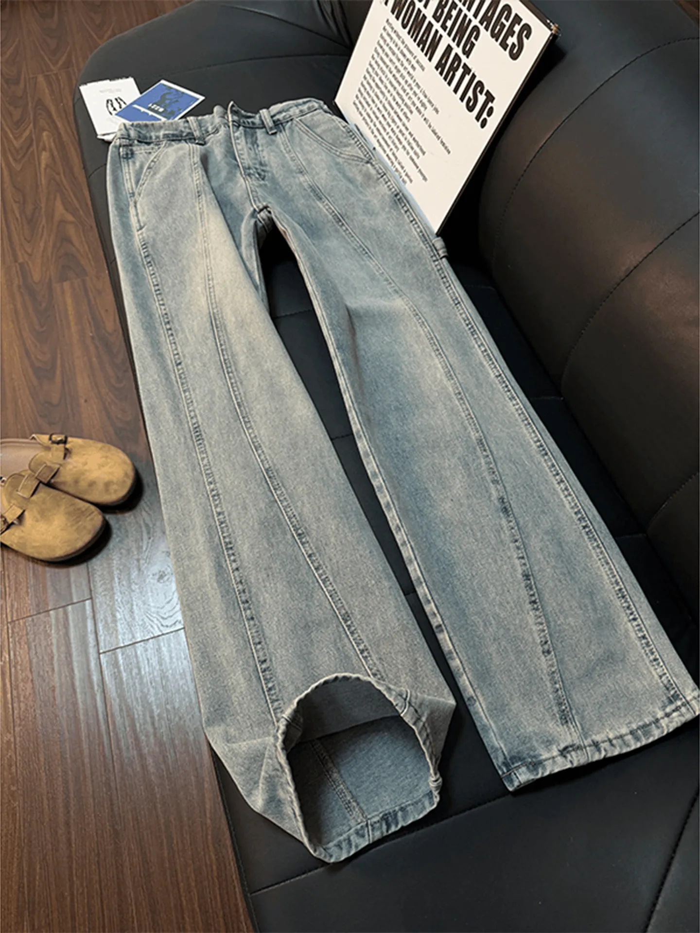 

Cleanfit Men's High Street American Sle Knife Cut Jeans Belted Straight Leg Micro Flared Pants Cotton Polyester Blend