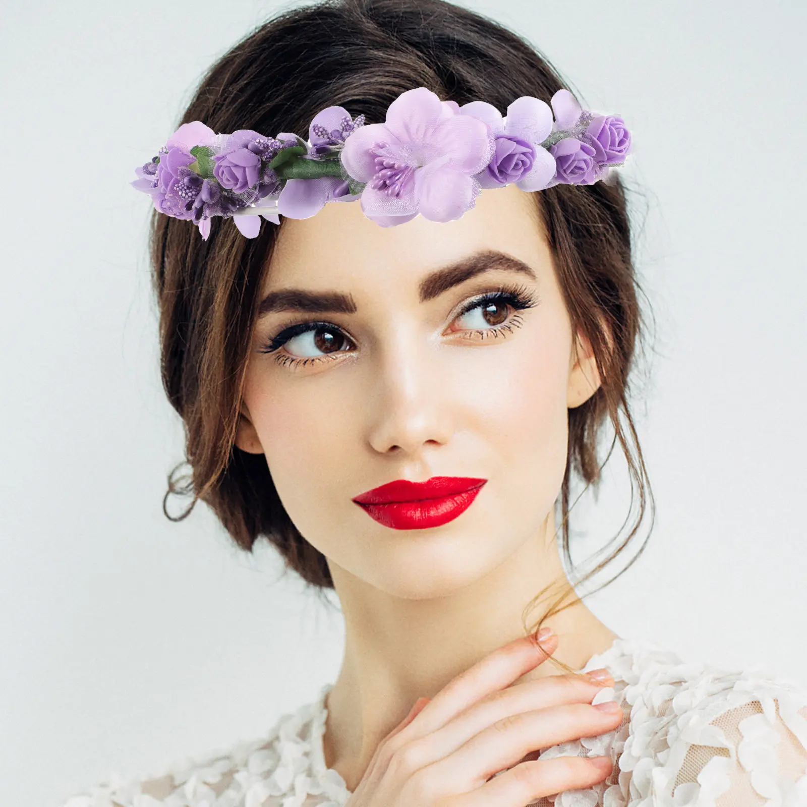 Purple Floral Wreath Headband and Wristband Set Sweet Elegant Flower Headdress for Anniversary Holiday Travel Costume Party