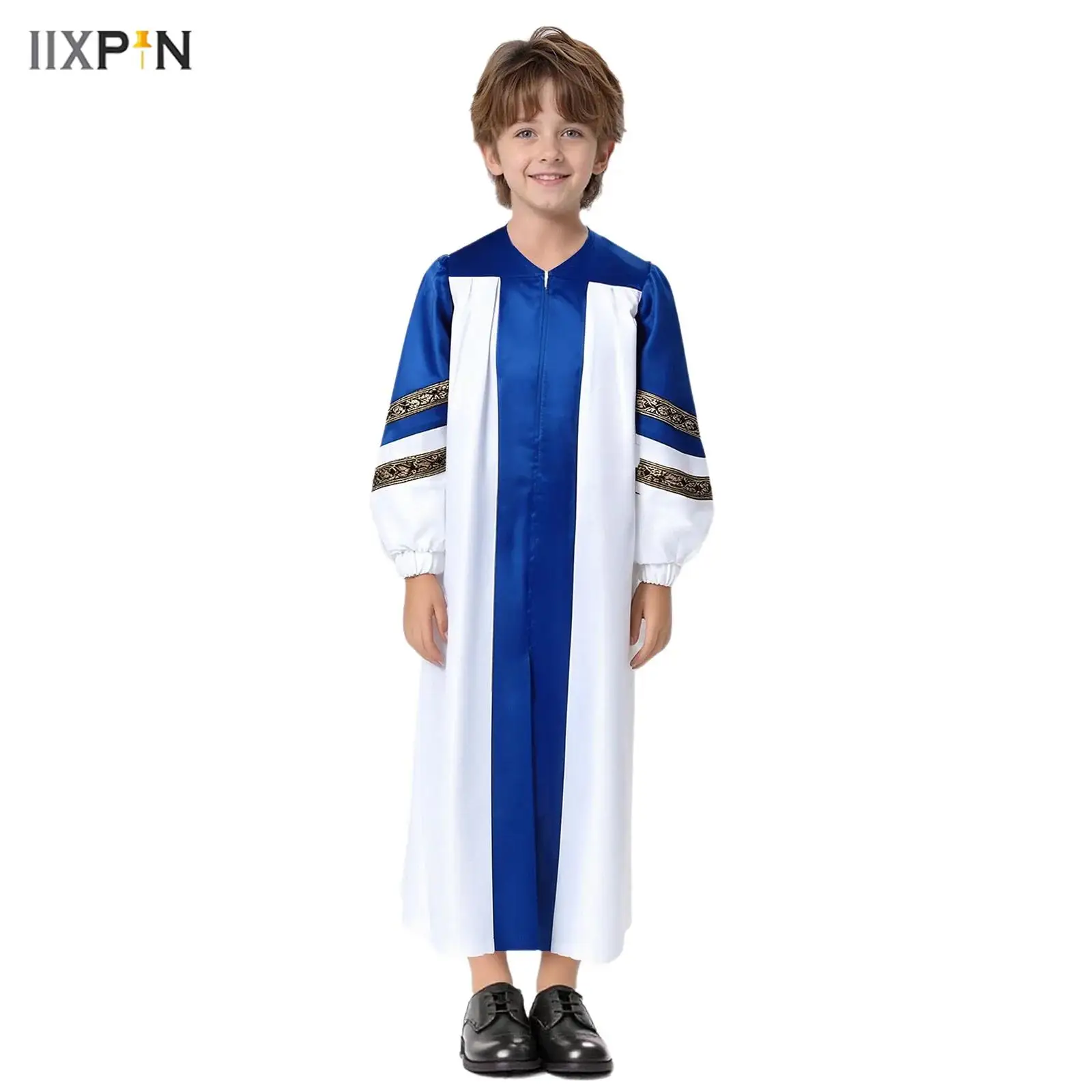 

Boys Girls Choir Robe Dress Halloween Cosplay Theme Party Costume Embroidered Stripes Long Sleeve Color Block Zipper Clergy Gown
