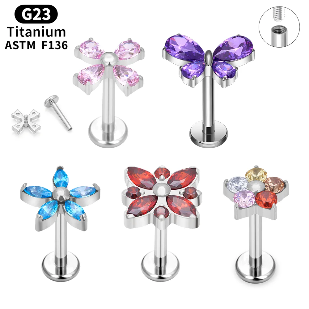 

G23 Titanium Piercing Flower Pattern Ear Studs Color CZ Paved Top Labret Lip Stud Tragus Cartilage Conch Daith Earrings Jewelry