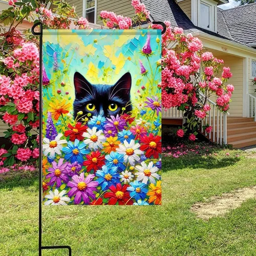 Spring Black Cat Garden Flag 12×18 Inch Double Sided Small Black Cat Flower Flor PPZ