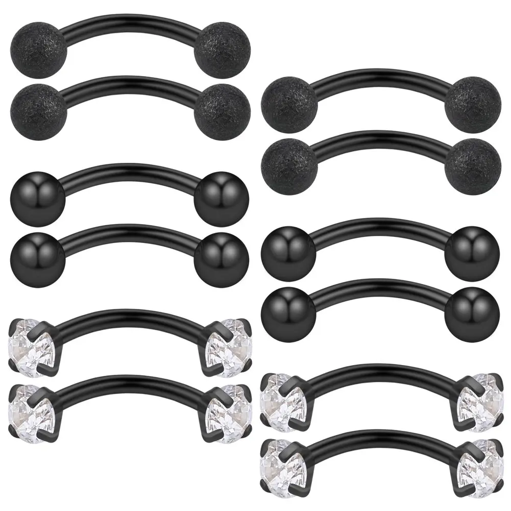 4-12PCS 16G Clear Cubic Zirconia & Ball Curved Barbell Eyebrow Belly Lip Tragus Ring Piercing Jewelry Hypoallergenic 6/8/10mm
