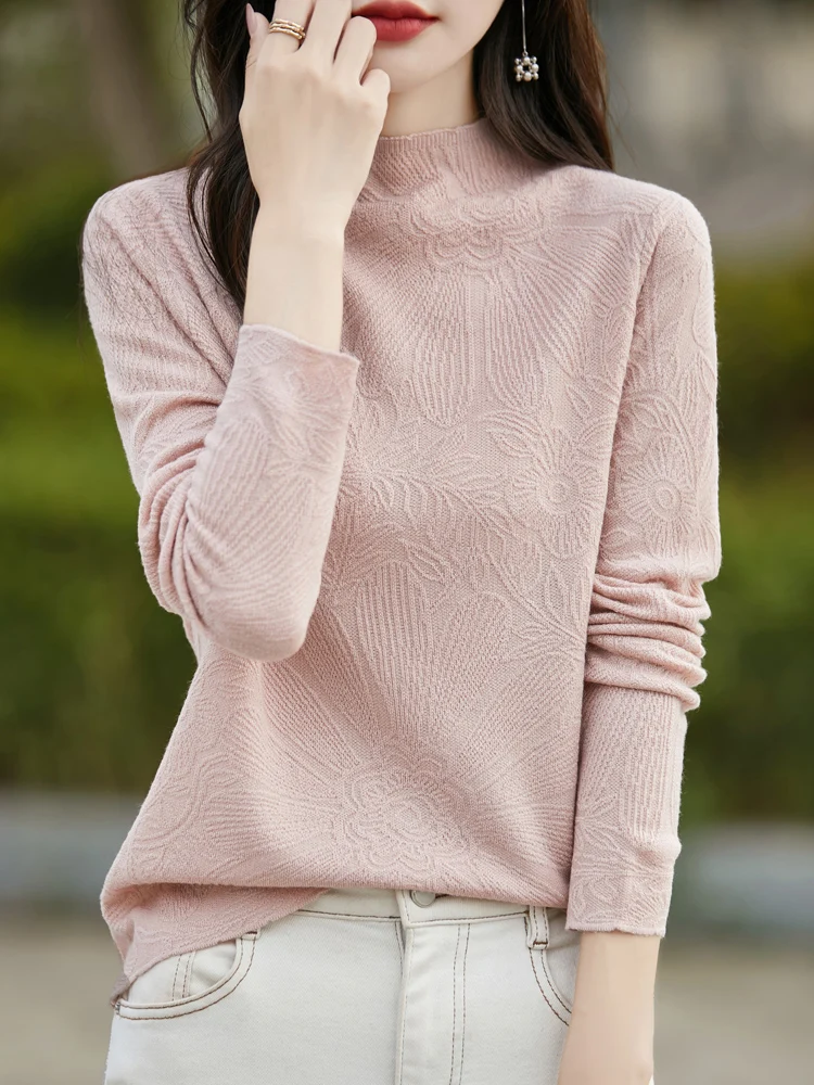 Women Fall Winter Merino Wool Sweater Half High Collar Pullovers Long Sleeve Knitted Outerwear Worsted Wool Carving Flowers Tops