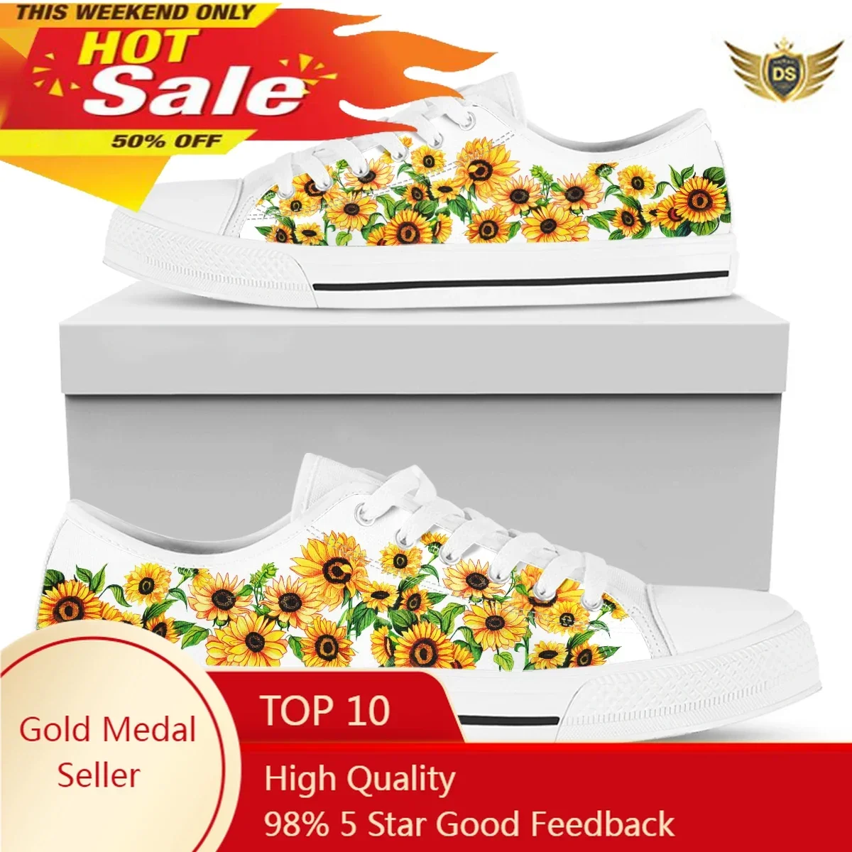 

Lightweight Soft Sole Low Canvas Shoes Ladies Fashion Print Sunflower Women Shoes Casual Lace Up Student Shoes