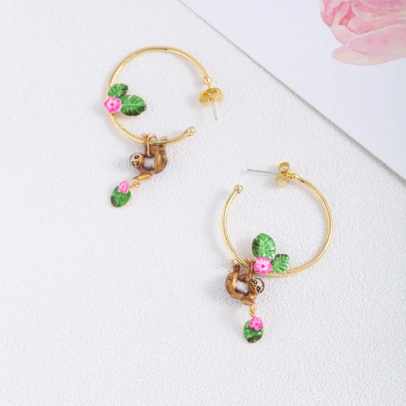 New Fashion C Shaped Earrings Cute Animal Dangle Bradypod Charms Green Monstera Deliciosa Leaf Mini Pink Flower Hoop for Women