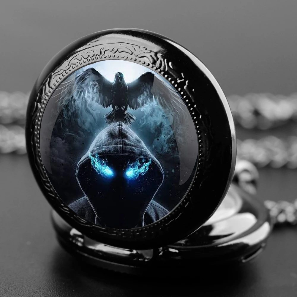 Marshmello Theme Black Quartz Pocket Watch Gift Set with Durable Chain and Arabic Numeral Face Timeless Present for Any Occasion