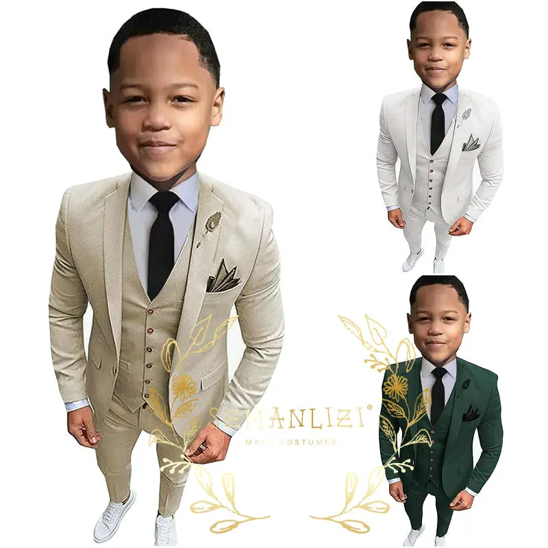 Fashion Beige Boys Suit Jacket Vest Pants 3 Piece Set Fashion Kids Clothes Wedding Tuxedo Casual Outfits костюм для мальчика