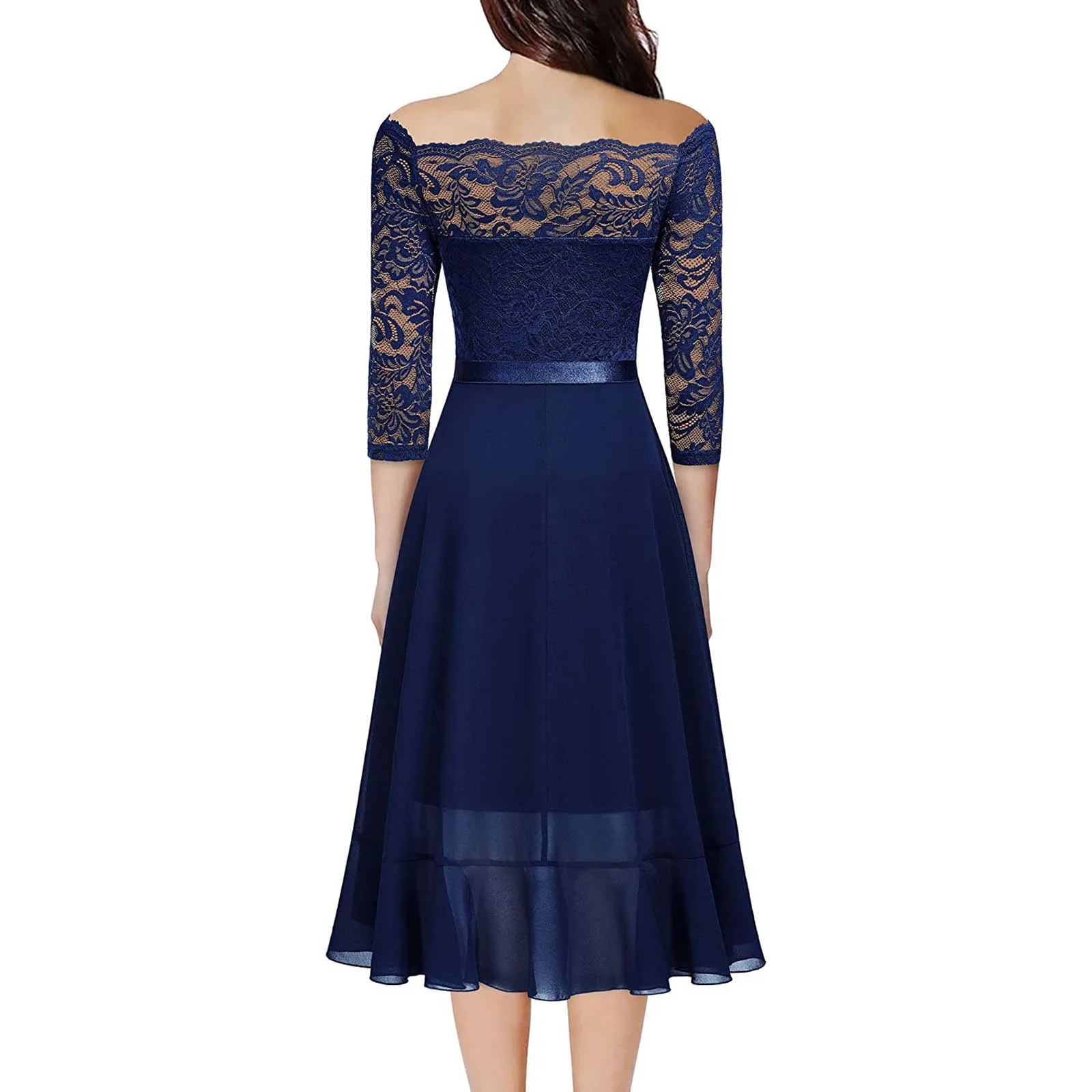 Women Midi Dress Chiffon One-Line Shoulder Long Sleeved Elegant Lady Mid Length Evening Dress Floral Lace Formal Wedding Dresses