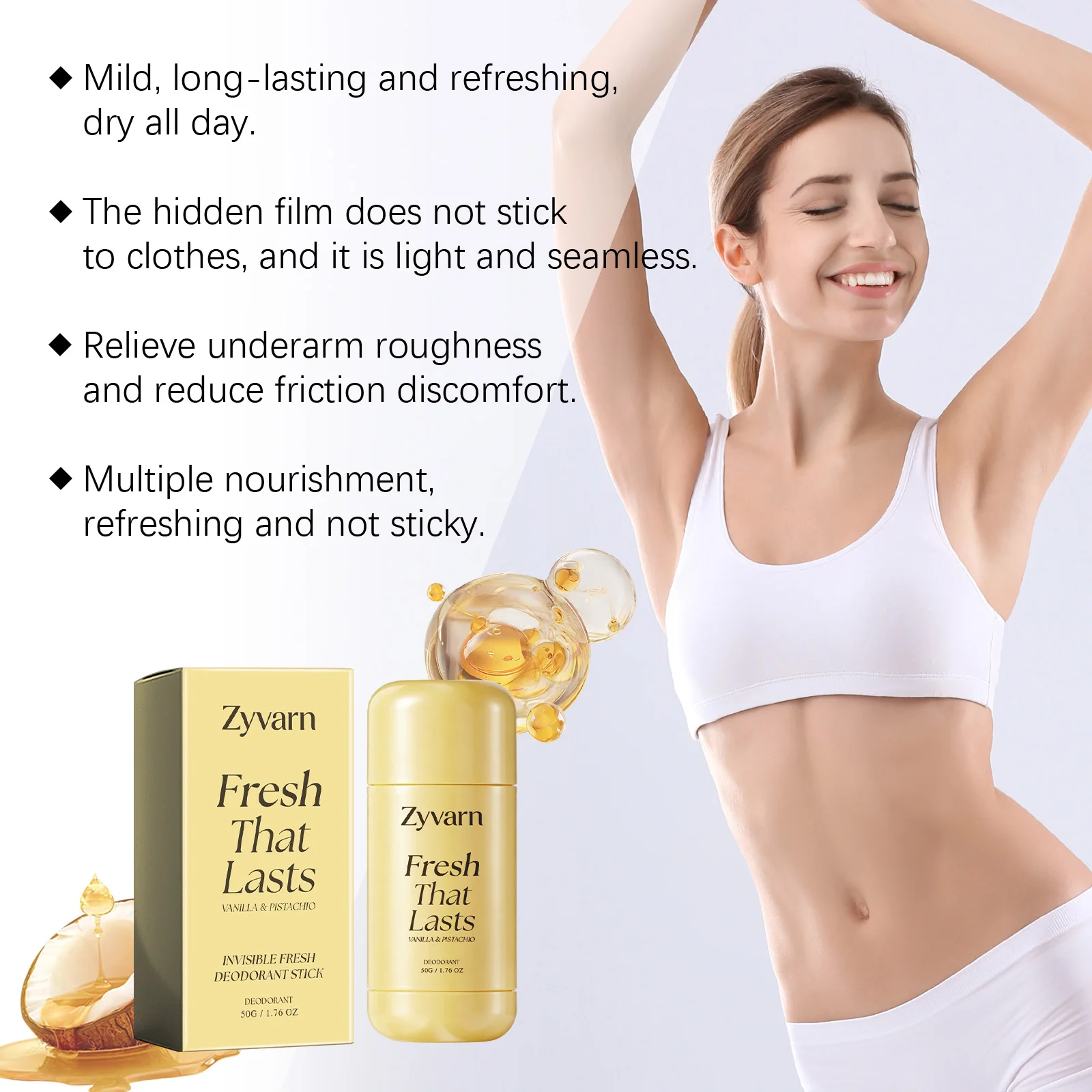 Invisible Deodorant Stick Vanilla Pistachio Scent Bad Odor Control All Day Odor Block Underarm Care Lasting Fresh Underarm Cream