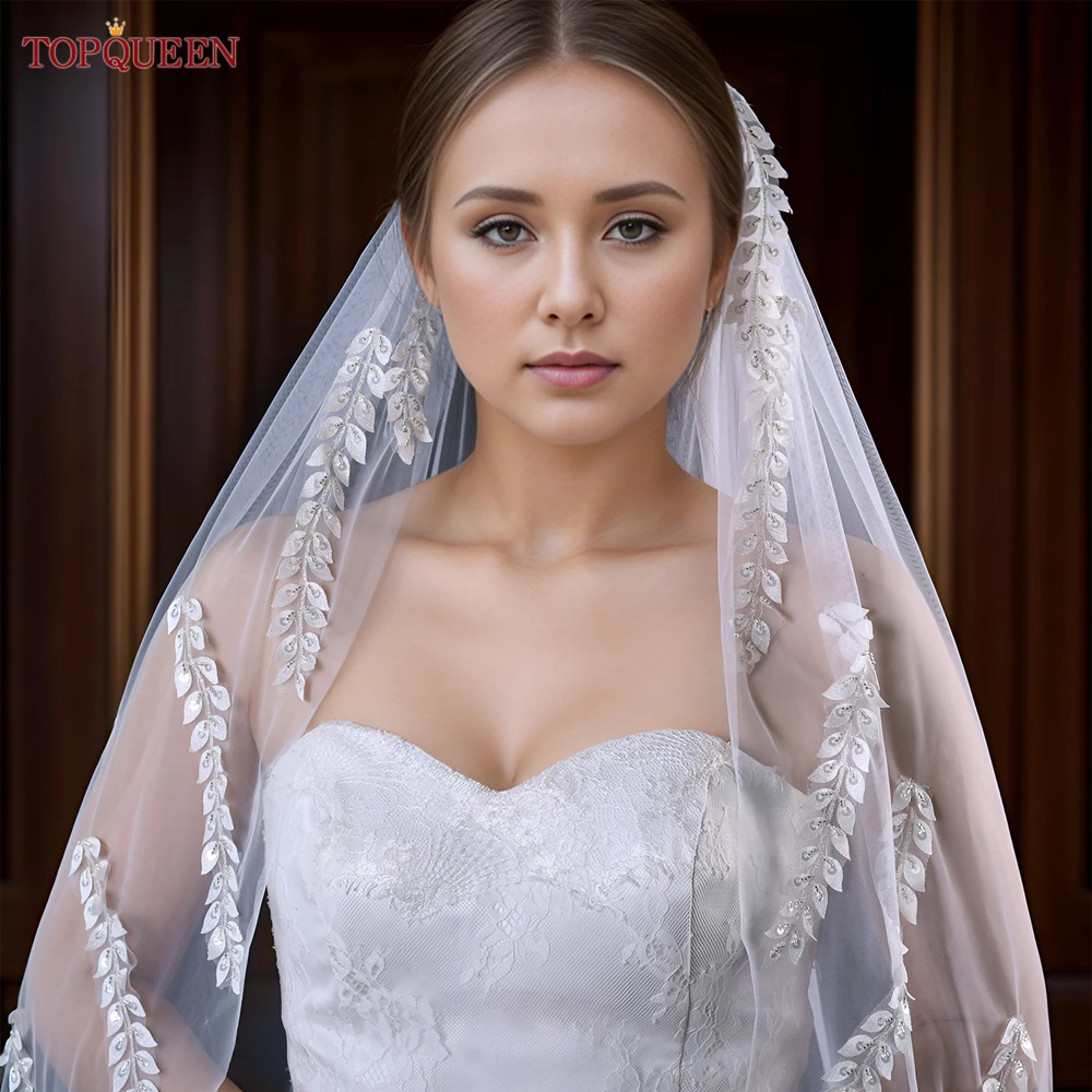 TOPQUEEN Boho Wedding Veils Sequined Leaf Shape Beaded Edge Bridal Veil 2024 Single Tier Beaded Lace Fingertip/Knee Length V244