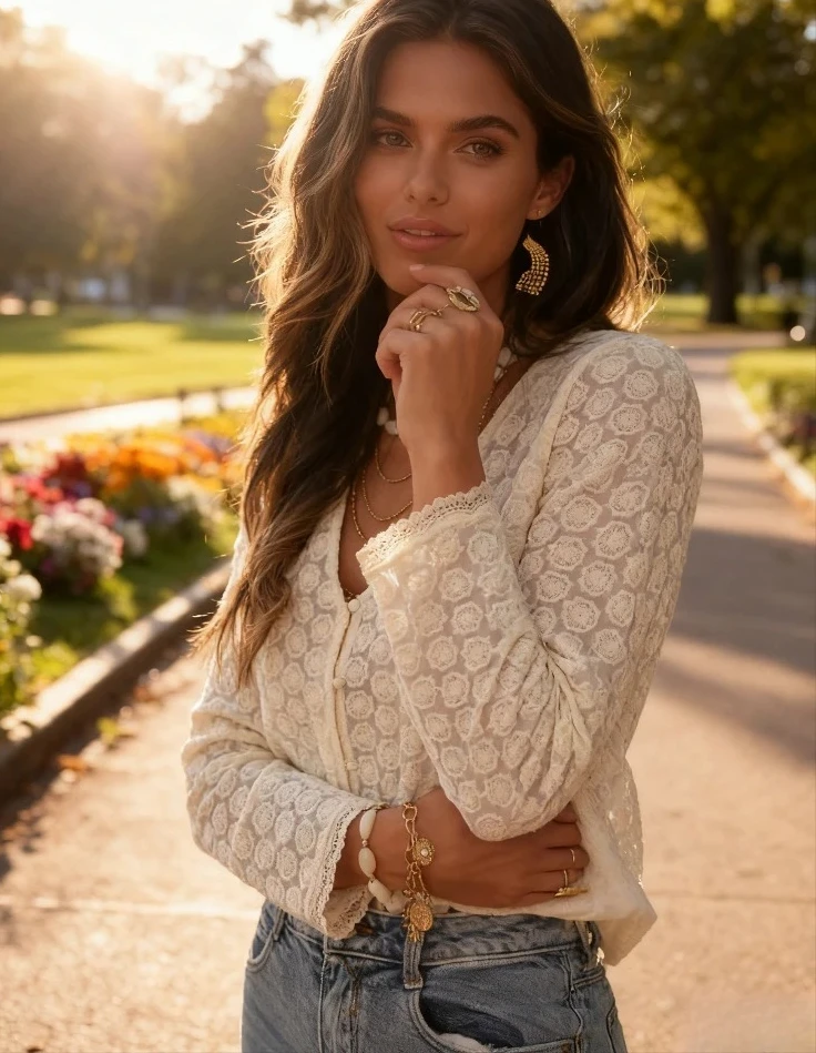 

Spring Fall Women's Long Sleeve V-Neck Lace-Trimmed Embroidered Blouse, Beige Boho Chic Vintage Daily Fashion Top