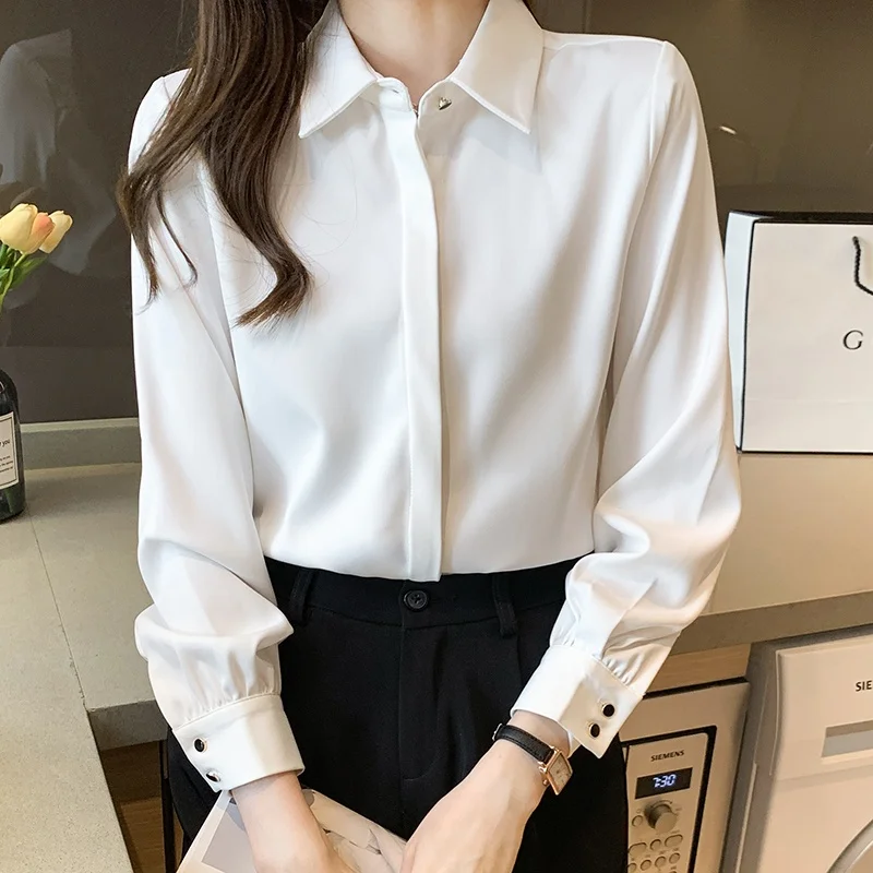 

White Silk Shirt Women's Long Sleeve Spring Interview Professional Clothing Short Women's Fashionable Top 155 Heightening XS