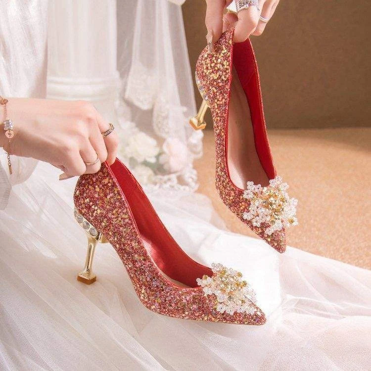 

Luxury Wedding Shoes Bridesmaids Dress Wedding Light Red Shoes Chinese