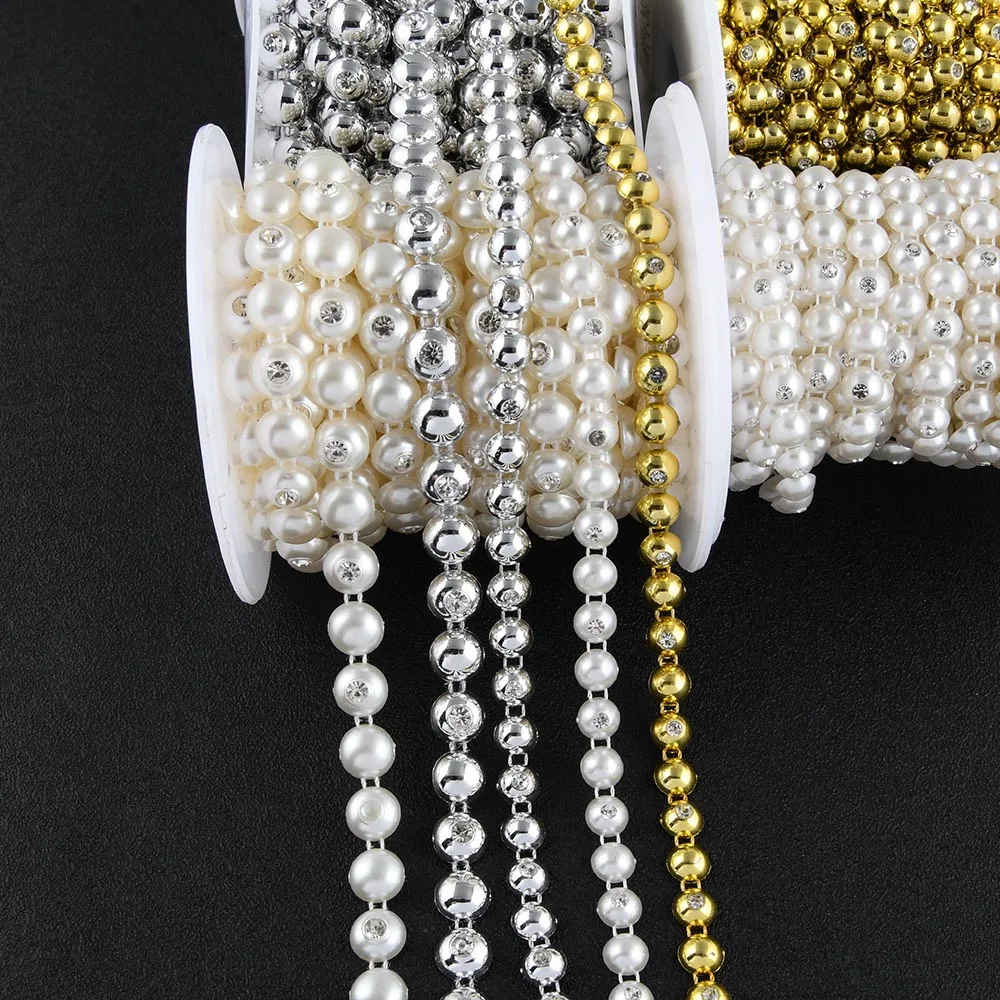 1Yard 8-10mm Width ABS Imitation Pearl Flatback Hemisphere Beads with Rhinestone Chain Sewing Trim Lace Wedding Arrangements DIY