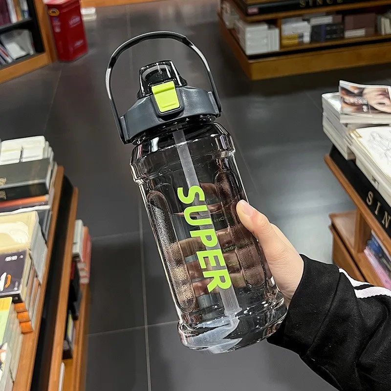 Large-capacity Sports Water Bottle 2 Liters Trendy Straw Cup with Scale Portable Leak Proof Drop Resistant Water Cup