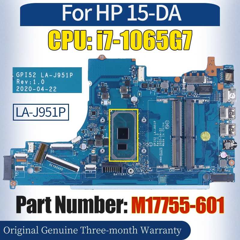 GPI52 LA-J951P For HP 15-DA Laptop Mainboard M17755-601 SRG0N i7-1065G7 Notebook Motherboard 100％ Tested