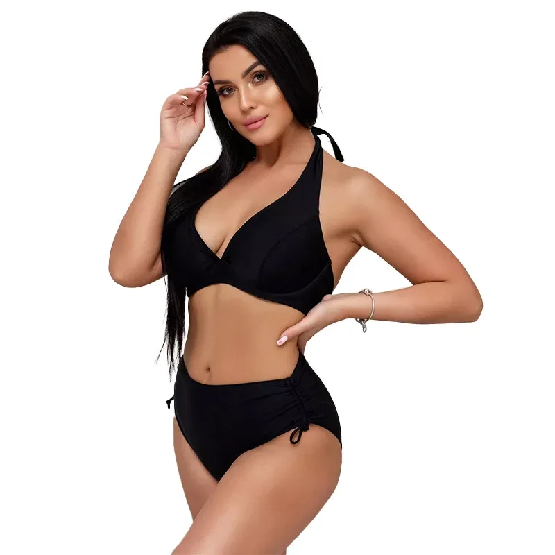 

2025 New Arrival Pure Color Hard Shell High Waist Bikini Set with Strap Bathing Suit sexy bikini