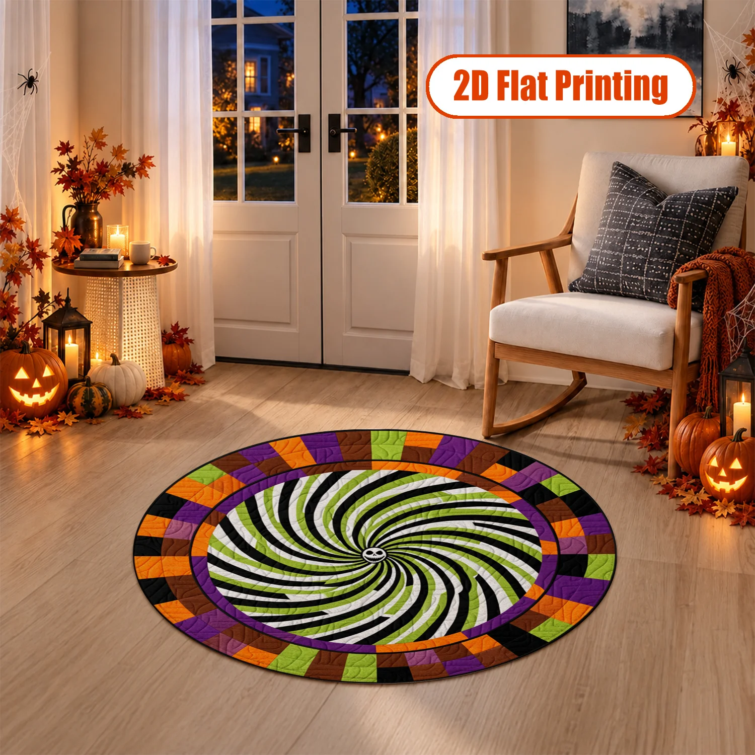 Spiral Skull Halloween Pattern Round Velvet Rug, Machine Washable Soft Floor Mat for Living Room Bedroom Entryway Dining Area, Ideal for Halloween Thanksgiving Christmas Black Friday Cyber Monday New Year Home Decor