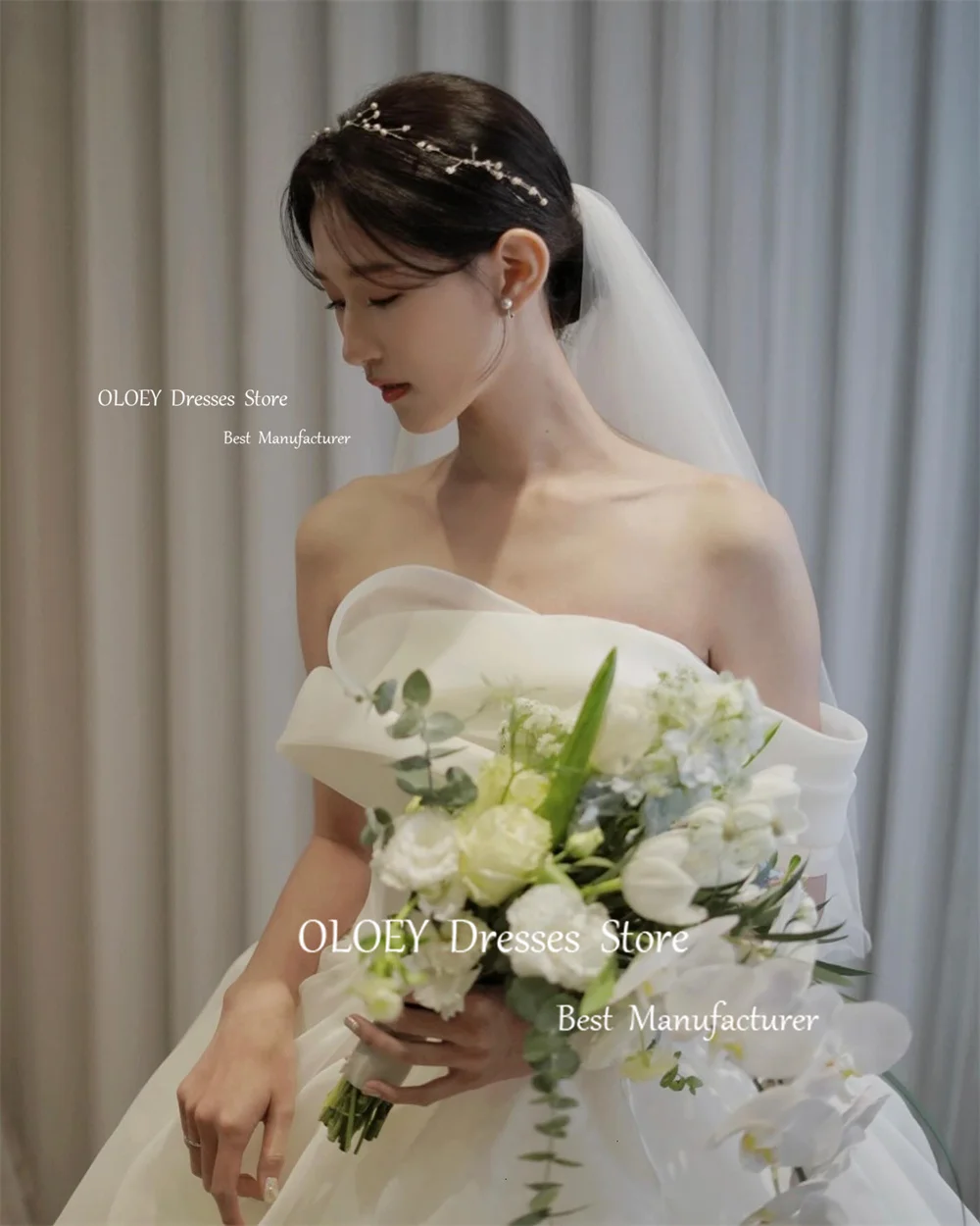 OLOEY Exquisite Korea abiti da sposa servizio fotografico maniche ad aletta Ruffles Silky Tulle abiti da sposa corsetto indietro lunghezza del pavimento personalizzato