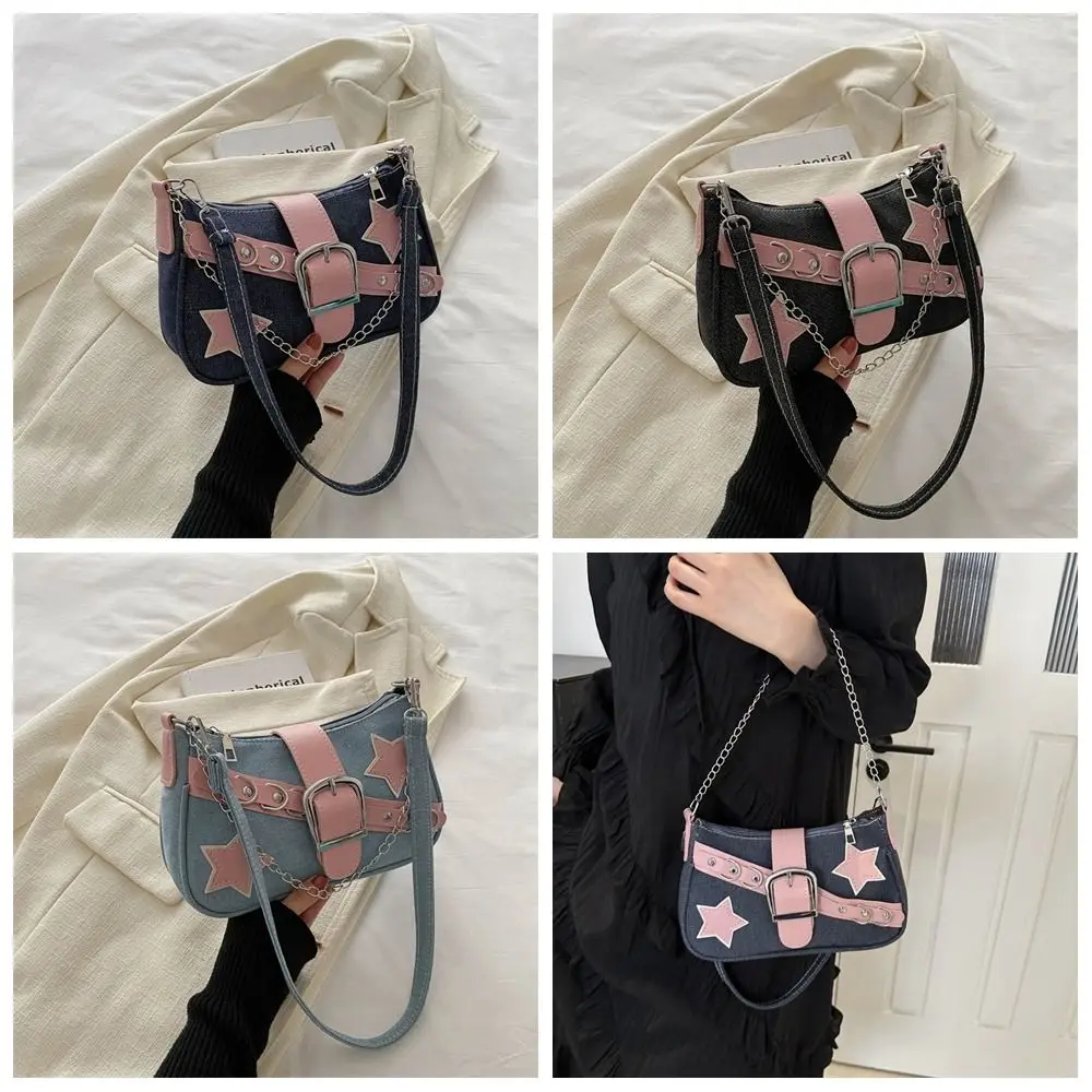 

Temperament Handbag Y2k Underarm Bag Tote Bag Chain Korean Style Shoulder Bag Star Pattern Denim Tote Bag Portable