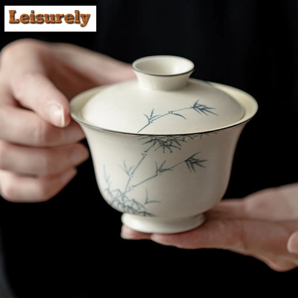 150ml Powder Yin White Pottery Gaiwan Japanese Handpainted Ink Bamboo Tea Tureen Tea Maker Cover Bowl Lid Kit for Tea Collection